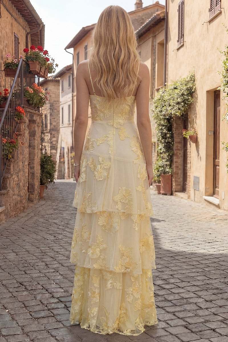 Load image into Gallery viewer, Yellow Tiered Ruffled Floral Spaghetti Straps Long A Line Prom Dress