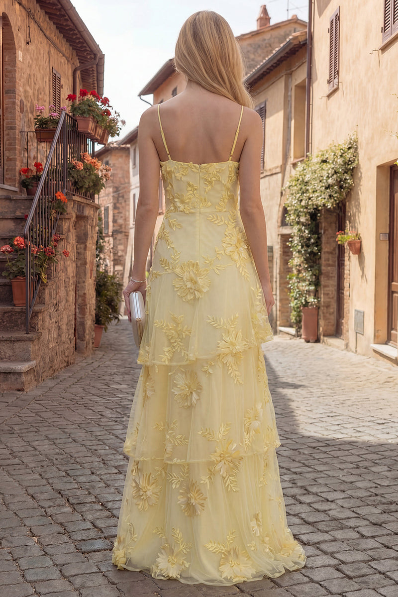 Load image into Gallery viewer, Yellow Tiered Ruffled Floral Spaghetti Straps Long A Line Prom Dress
