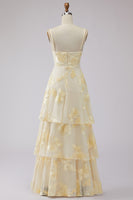 Load image into Gallery viewer, Yellow Tiered Ruffled Floral Spaghetti Straps Long A Line Prom Dress