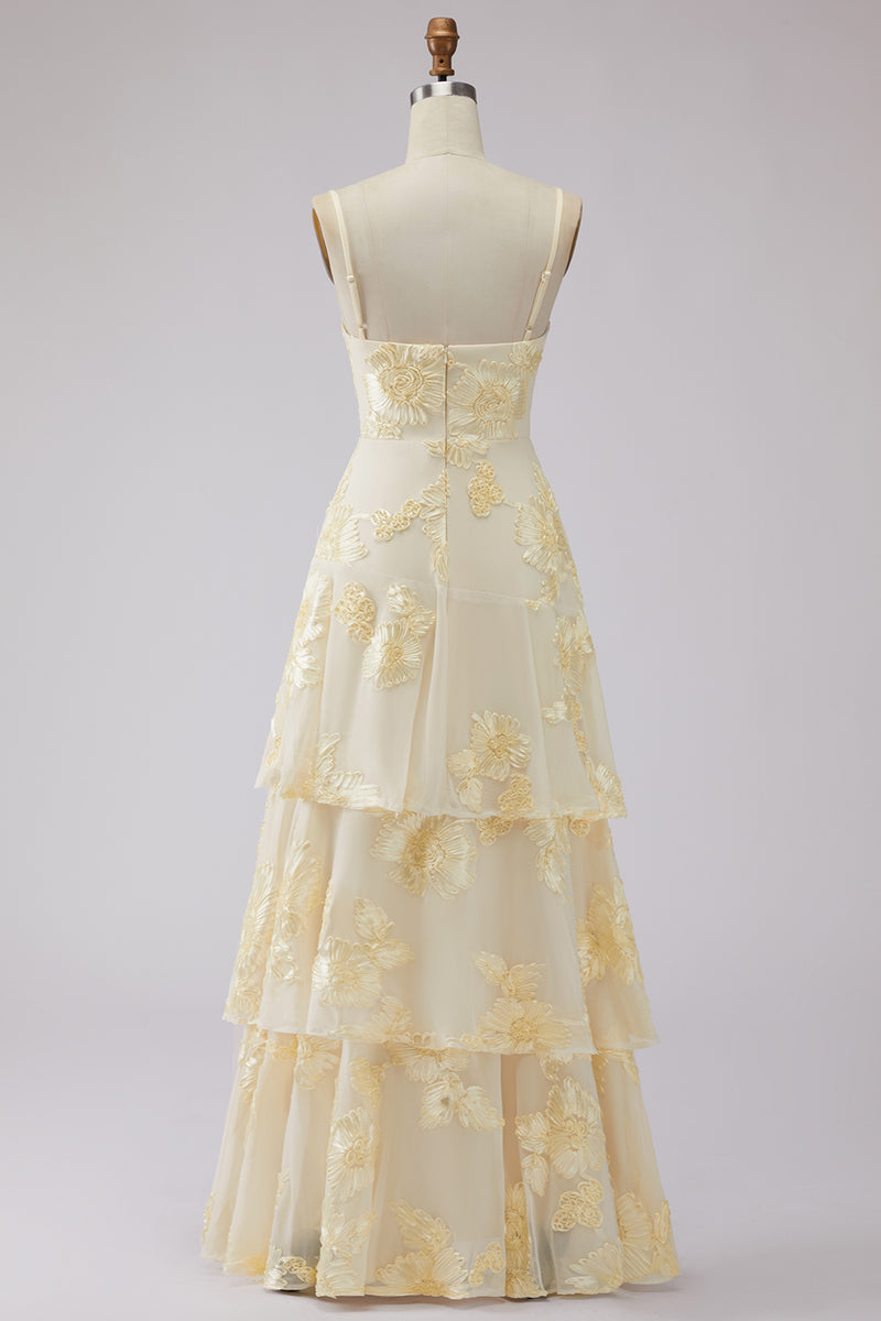 Load image into Gallery viewer, Yellow Tiered Ruffled Floral Spaghetti Straps Long A Line Prom Dress