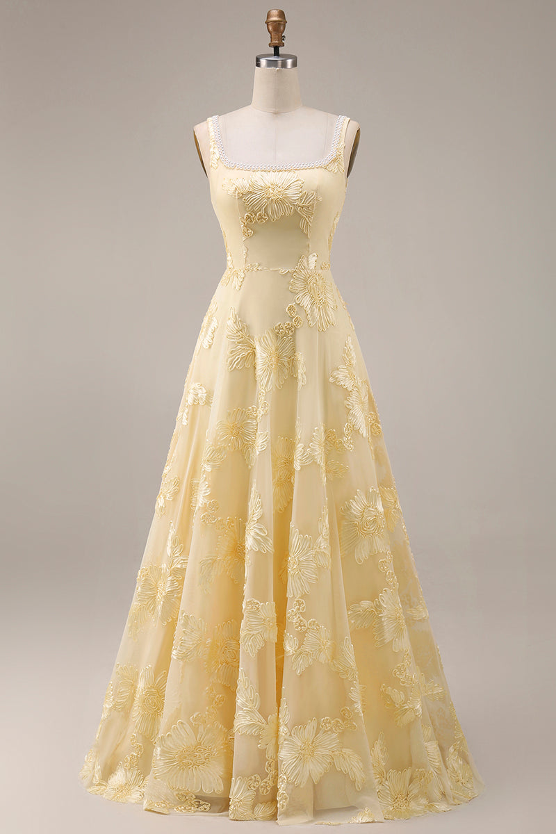 Load image into Gallery viewer, Yellow Floral A Line Beaded Square Neck Long Evening Dress