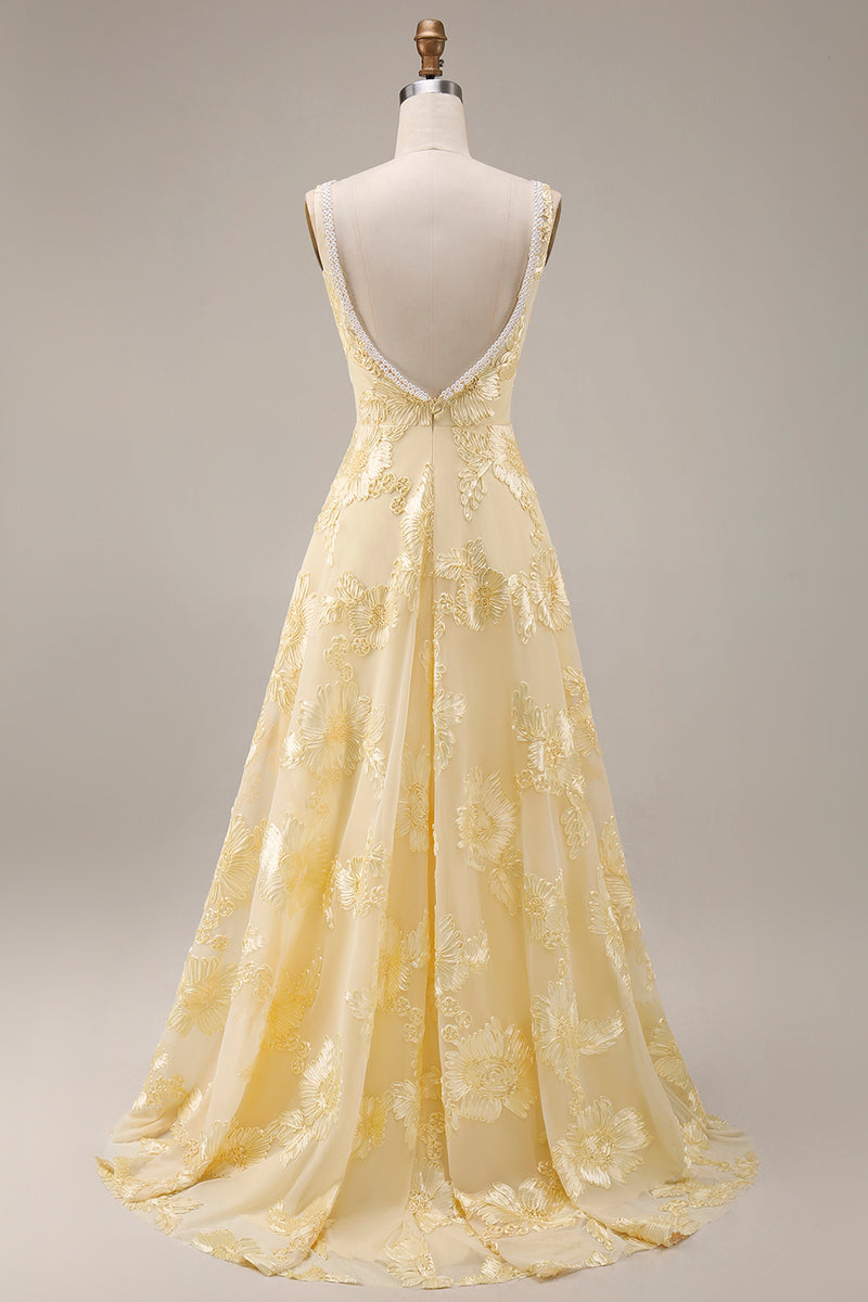 Load image into Gallery viewer, Yellow Floral A Line Beaded Square Neck Long Evening Dress