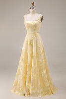 Load image into Gallery viewer, Yellow Floral A Line Beaded Square Neck Long Evening Dress
