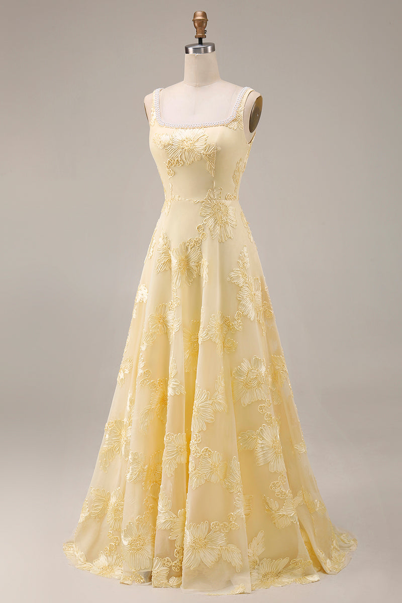Load image into Gallery viewer, Yellow Floral A Line Beaded Square Neck Long Evening Dress