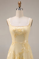 Load image into Gallery viewer, Yellow Floral A Line Beaded Square Neck Long Evening Dress