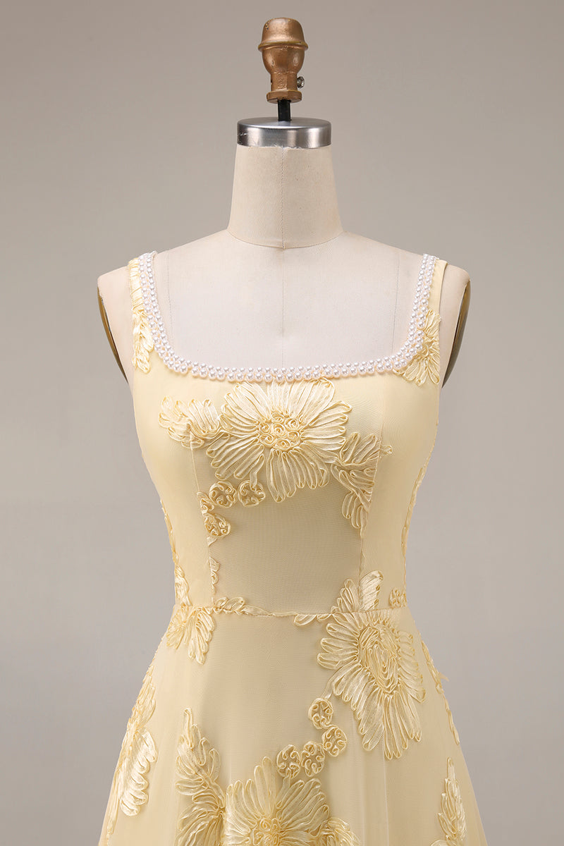 Load image into Gallery viewer, Yellow Floral A Line Beaded Square Neck Long Evening Dress