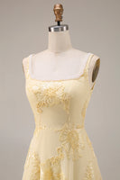 Load image into Gallery viewer, Yellow Floral A Line Beaded Square Neck Long Evening Dress