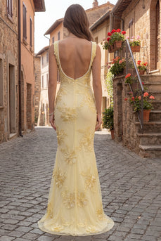 Floral Yellow Square Neck Mermaid Long Evening Dress with Pearls