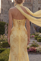 Load image into Gallery viewer, Yellow Corset Floral Strapless Mermaid Long Evening Dress with Slit