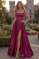 Load image into Gallery viewer, Burgundy Simple A Line Square Neck Long Evening Dress with Pearls
