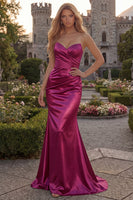 Load image into Gallery viewer, Simple Strapless Burgundy Mermaid Ruched Long Evening Dress