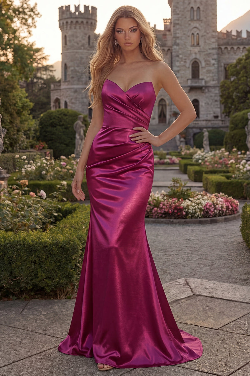 Load image into Gallery viewer, Simple Strapless Burgundy Mermaid Ruched Long Evening Dress