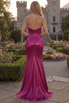 Simple Strapless Burgundy Mermaid Ruched Long Evening Dress
