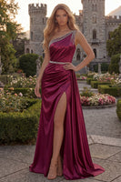 Load image into Gallery viewer, Burgundy Sheath One Shoulder Beaded Long Evening Dress with Slit