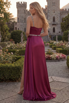 Burgundy Sheath One Shoulder Beaded Long Evening Dress with Slit