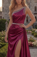 Load image into Gallery viewer, Burgundy Sheath One Shoulder Beaded Long Evening Dress with Slit