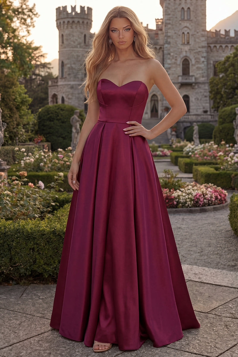 Load image into Gallery viewer, Simple Burgundy Strapless A Line Long Evening Dress