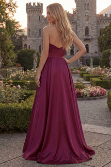 Simple Burgundy Strapless A Line Long Evening Dress