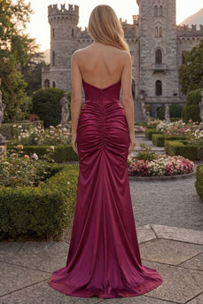 Burgundy Strapless Sheath Long Ruched Evening Dress with Slit