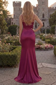 Burgundy Sheath Long Spaghetti Straps Ruched Evening Dress with Slit