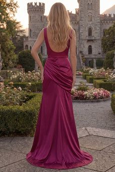 V-Neck Burgundy Long Sheath Ruched Evening Dress with Slit