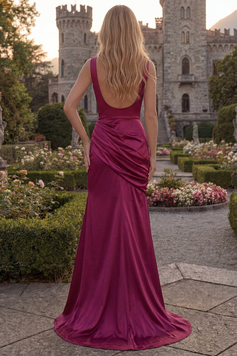 Load image into Gallery viewer, V-Neck Burgundy Long Sheath Ruched Evening Dress with Slit