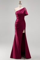 Load image into Gallery viewer, Sheath Long Burgundy One Shoulder Ruched Evening Dress with Slit