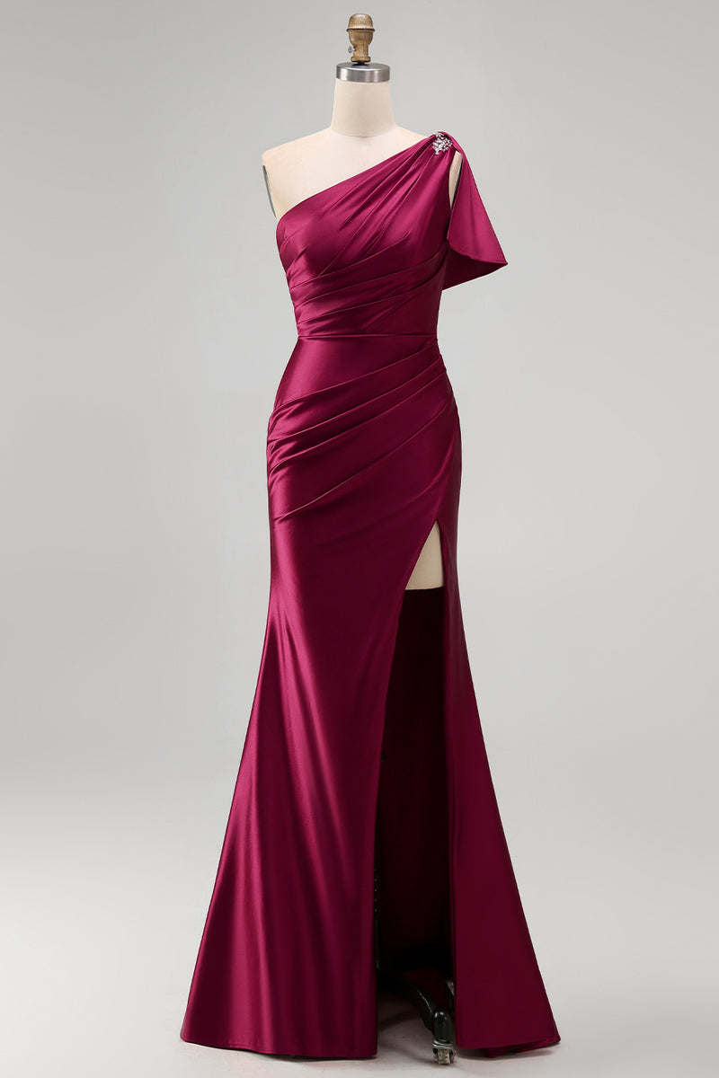 Load image into Gallery viewer, Sheath Long Burgundy One Shoulder Ruched Evening Dress with Slit