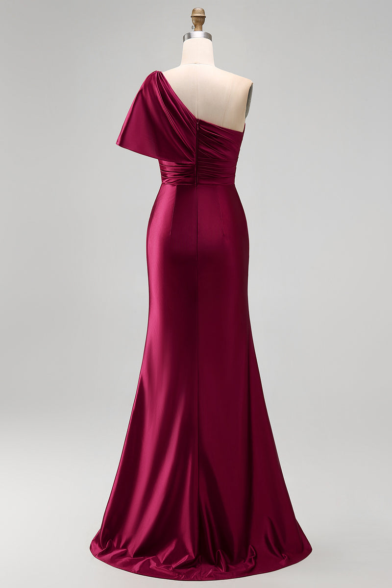 Load image into Gallery viewer, Sheath Long Burgundy One Shoulder Ruched Evening Dress with Slit