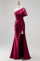 Load image into Gallery viewer, Sheath Long Burgundy One Shoulder Ruched Evening Dress with Slit