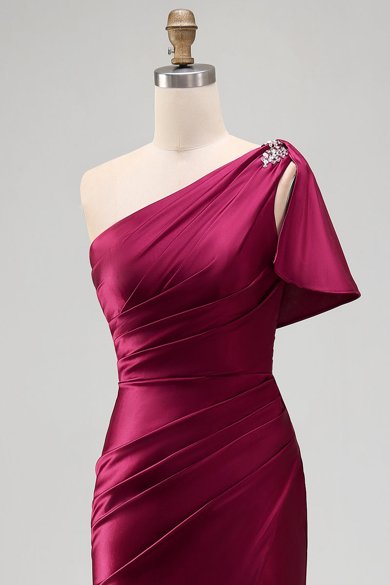 Load image into Gallery viewer, Sheath Long Burgundy One Shoulder Ruched Evening Dress with Slit