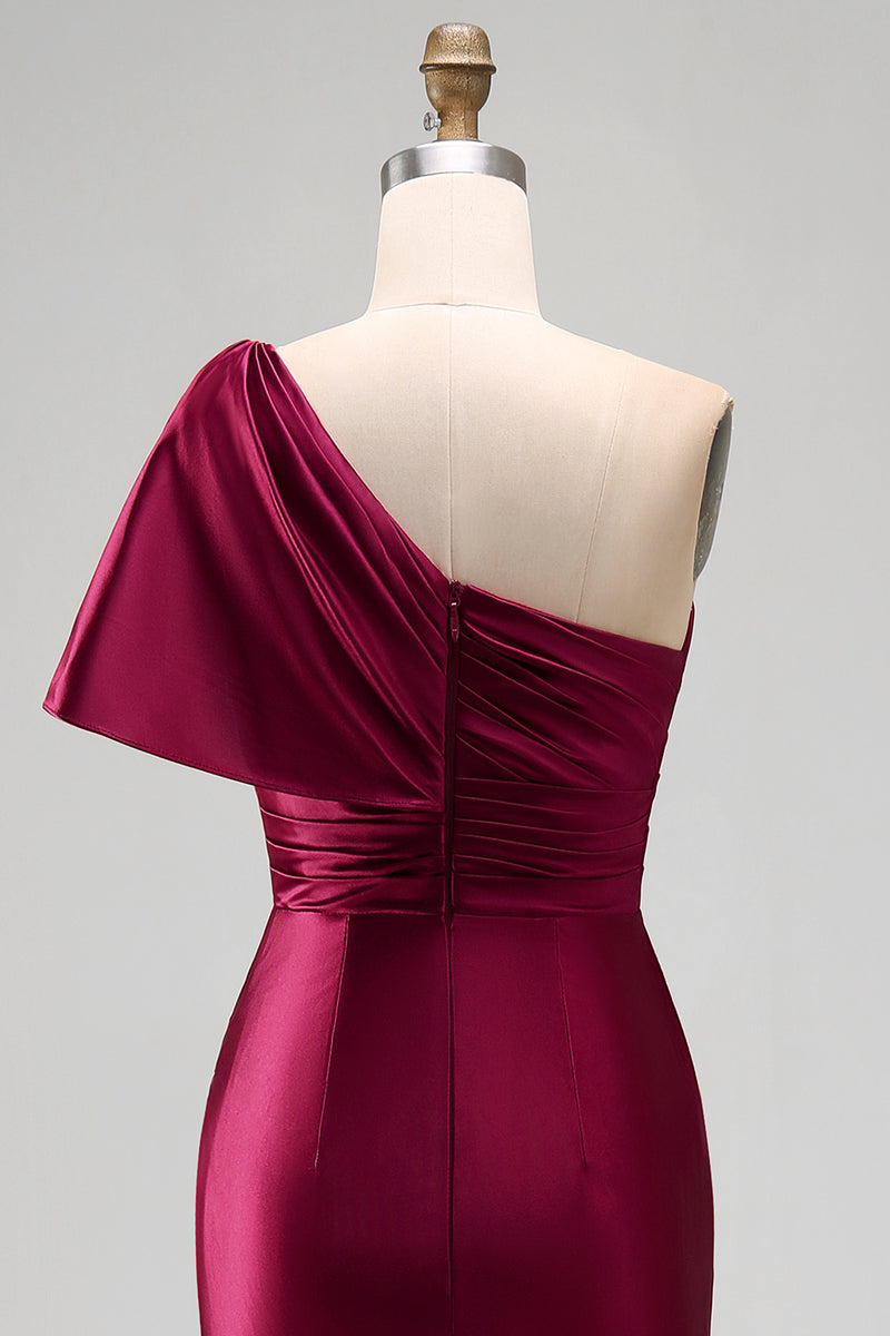 Load image into Gallery viewer, Sheath Long Burgundy One Shoulder Ruched Evening Dress with Slit