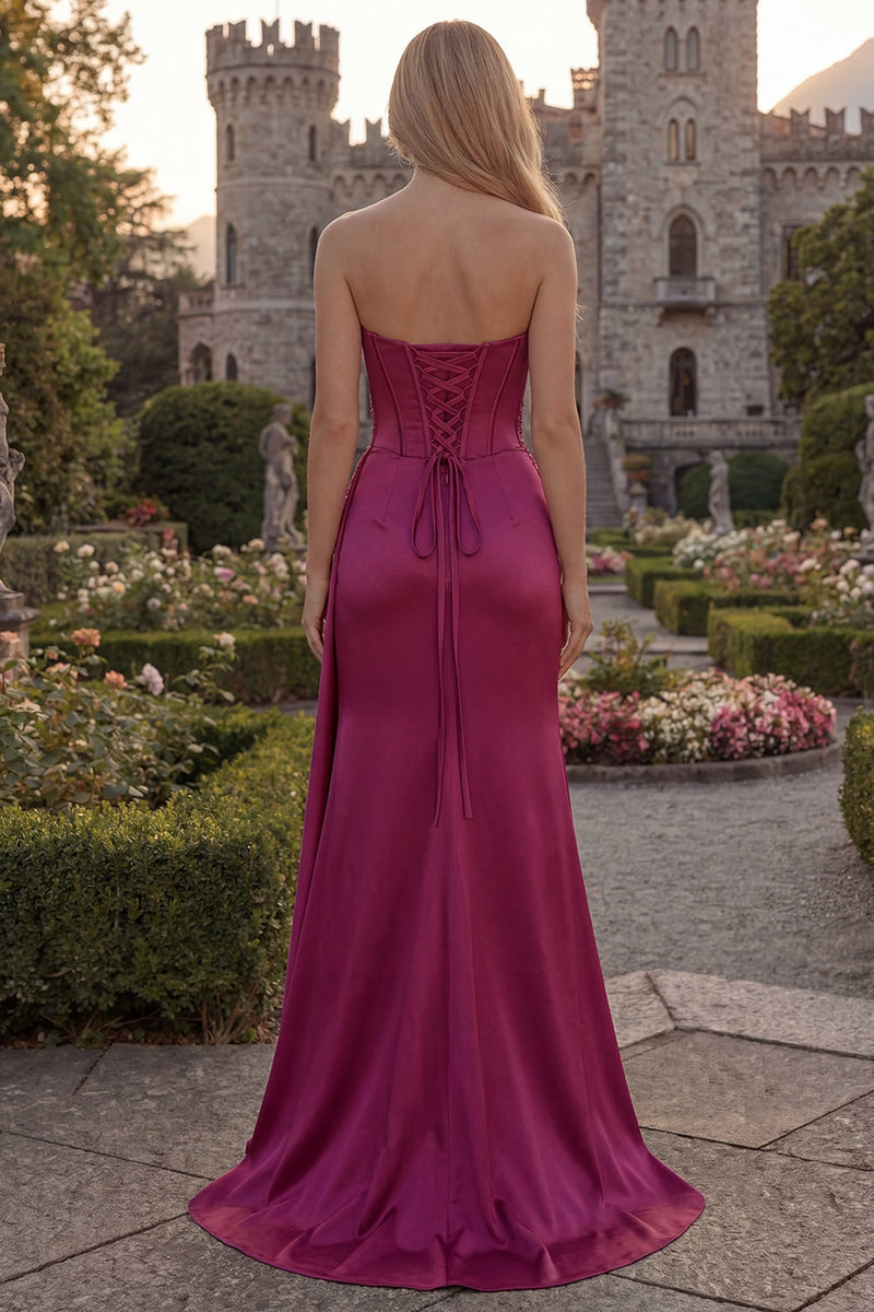Load image into Gallery viewer, Sheath Long Corset Burgundy Floral Ruched Evening Dress with Slit