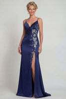 Load image into Gallery viewer, Navy Floral Satin Mermaid Spaghetti Straps Long Mother of the Bride Dress with Slit