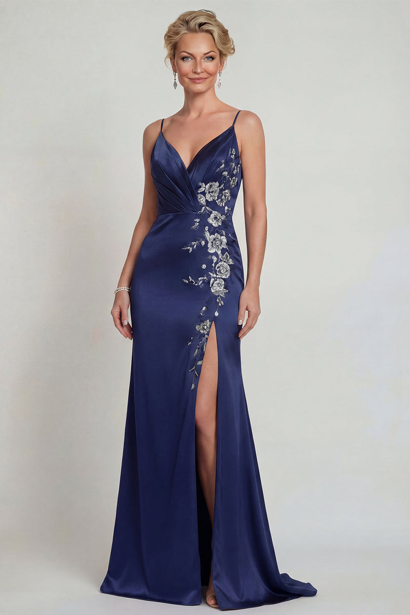 Load image into Gallery viewer, Navy Floral Satin Mermaid Spaghetti Straps Long Mother of the Bride Dress with Slit