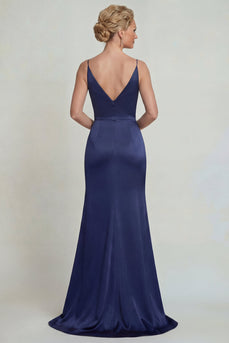Navy Floral Satin Mermaid Spaghetti Straps Long Mother of the Bride Dress with Slit