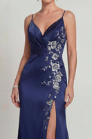 Load image into Gallery viewer, Navy Floral Satin Mermaid Spaghetti Straps Long Mother of the Bride Dress with Slit