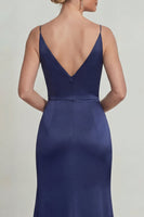 Load image into Gallery viewer, Navy Floral Satin Mermaid Spaghetti Straps Long Mother of the Bride Dress with Slit