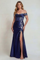 Load image into Gallery viewer, Sparkly Off The Shoulder Navy Corset Floral Long Formal Dress