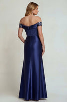 Load image into Gallery viewer, Sparkly Off The Shoulder Navy Corset Floral Long Formal Dress