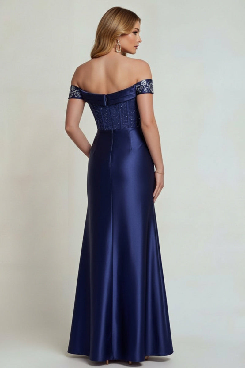 Load image into Gallery viewer, Sparkly Off The Shoulder Navy Corset Floral Long Formal Dress