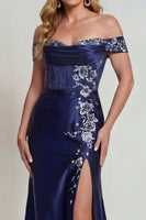 Load image into Gallery viewer, Sparkly Off The Shoulder Navy Corset Floral Long Formal Dress