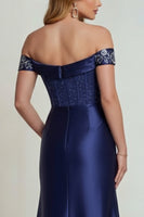 Load image into Gallery viewer, Sparkly Off The Shoulder Navy Corset Floral Long Formal Dress