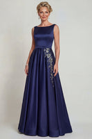 Load image into Gallery viewer, Boat Neck A Line Navy Beaded Satin Floral Long Mother of the Bride Dress