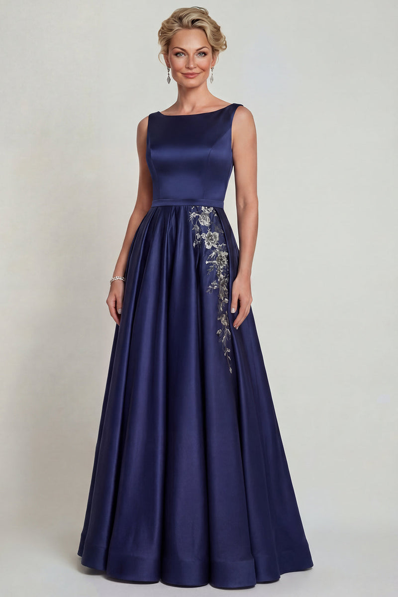 Load image into Gallery viewer, Boat Neck A Line Navy Beaded Satin Floral Long Mother of the Bride Dress