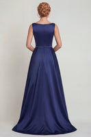 Load image into Gallery viewer, Boat Neck A Line Navy Beaded Satin Floral Long Mother of the Bride Dress