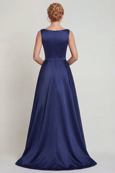 Boat Neck A Line Navy Beaded Satin Floral Long Mother of the Bride Dress