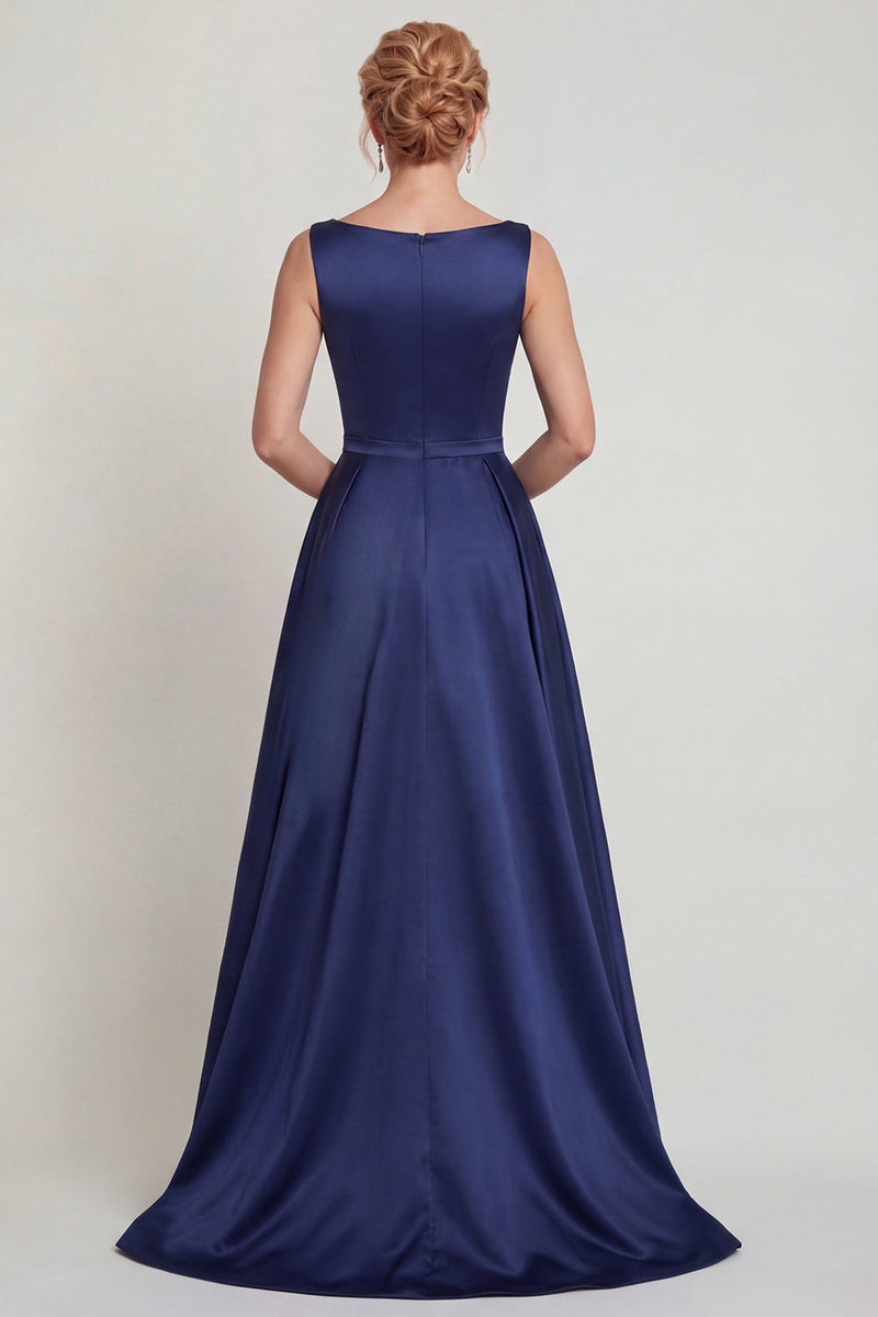 Load image into Gallery viewer, Boat Neck A Line Navy Beaded Satin Floral Long Mother of the Bride Dress