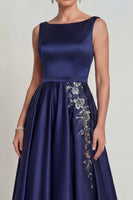 Load image into Gallery viewer, Boat Neck A Line Navy Beaded Satin Floral Long Mother of the Bride Dress
