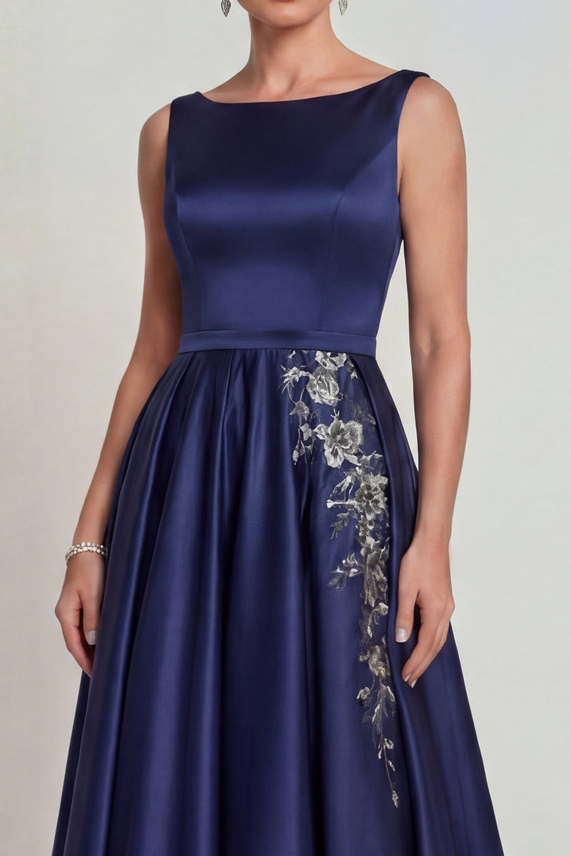 Load image into Gallery viewer, Boat Neck A Line Navy Beaded Satin Floral Long Mother of the Bride Dress